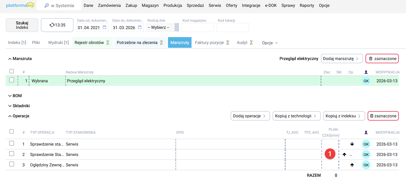 platformaERP - Serwis, przypisywanie operacji serwisowych do szablonu