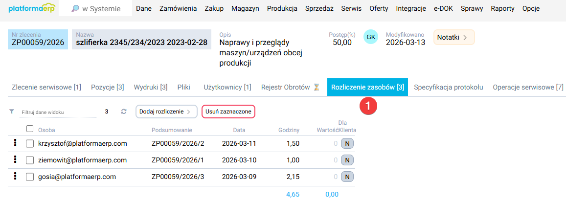 platformaERP - Operacje serwisowe, rozliczenie zasobów