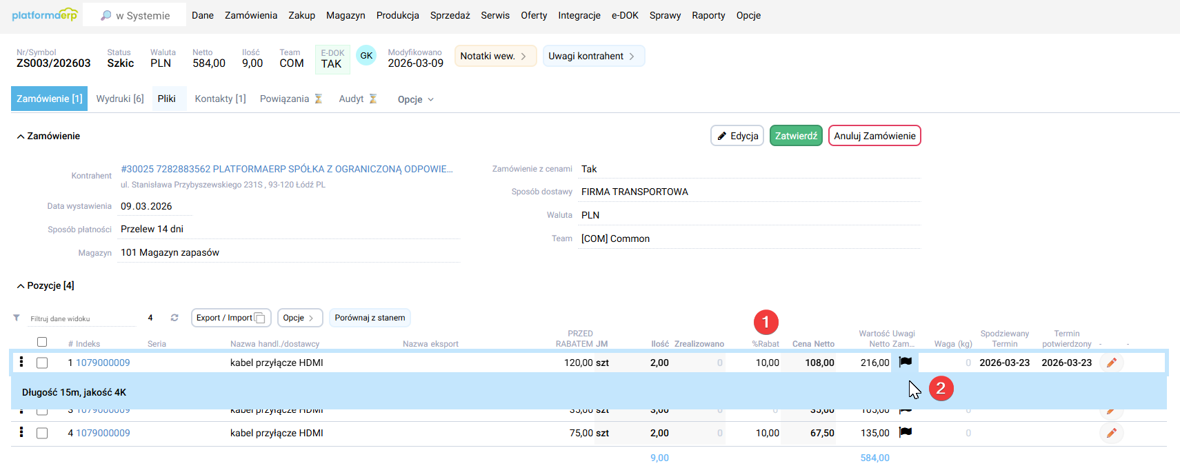platformaERP - zamówienie sprzedaży, pozycje