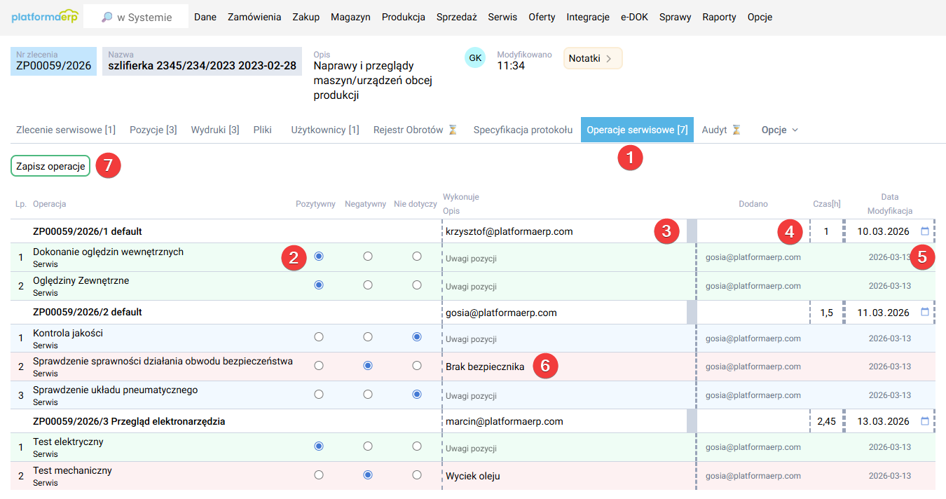 platformaERP - Zlecenie serwisowe, operacje serwisowe