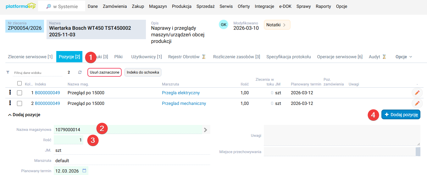 platformaERP - Serwis, dodanie szablonu operacji serwisowych z poziomu zlecenia