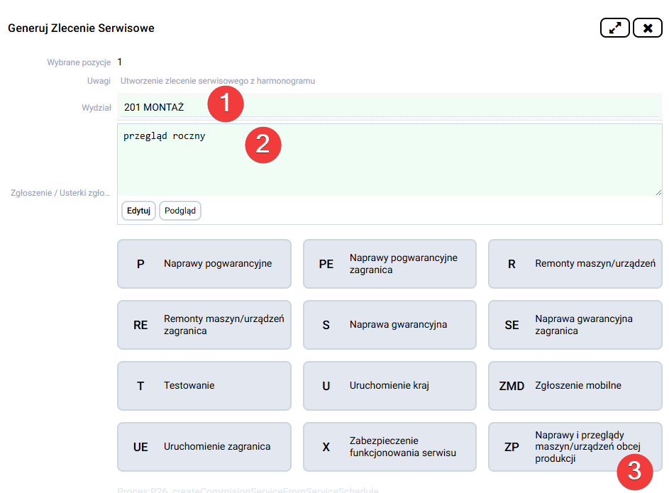 platformaERP - Zlecenie serwisowe z szablonem operacji serwisowych
