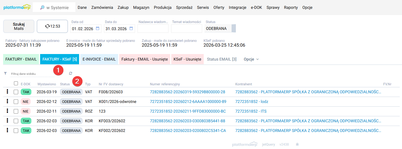 platformaERP - KSeF - faktury odebrane