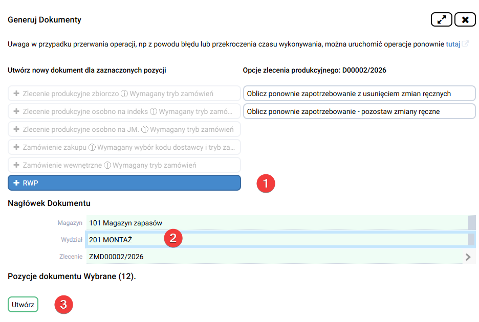platformaERP - RW na podstawie Bilansu zlecenia