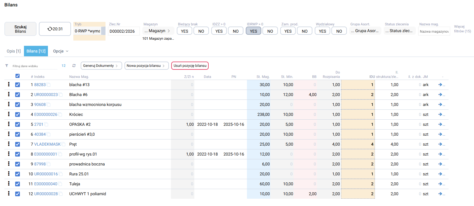 platformaERP - rozpisywanie pozycji na podstawie Bilansu zlecenia