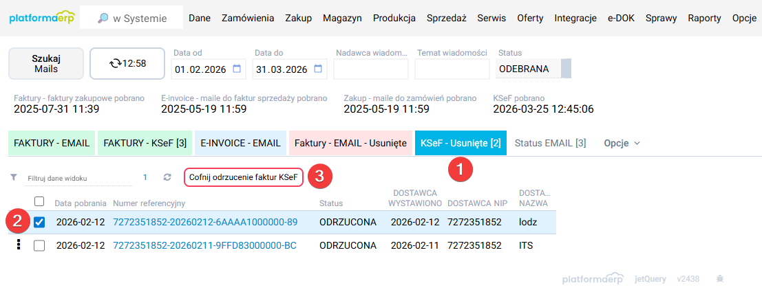 platformaERP - KSeF - przywrócenie faktury odrzuconej