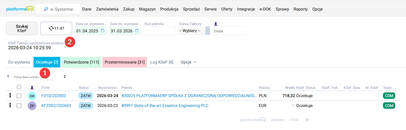 platformaERP - KSeF - faktury oczekujące na przyjęcie w KSeF