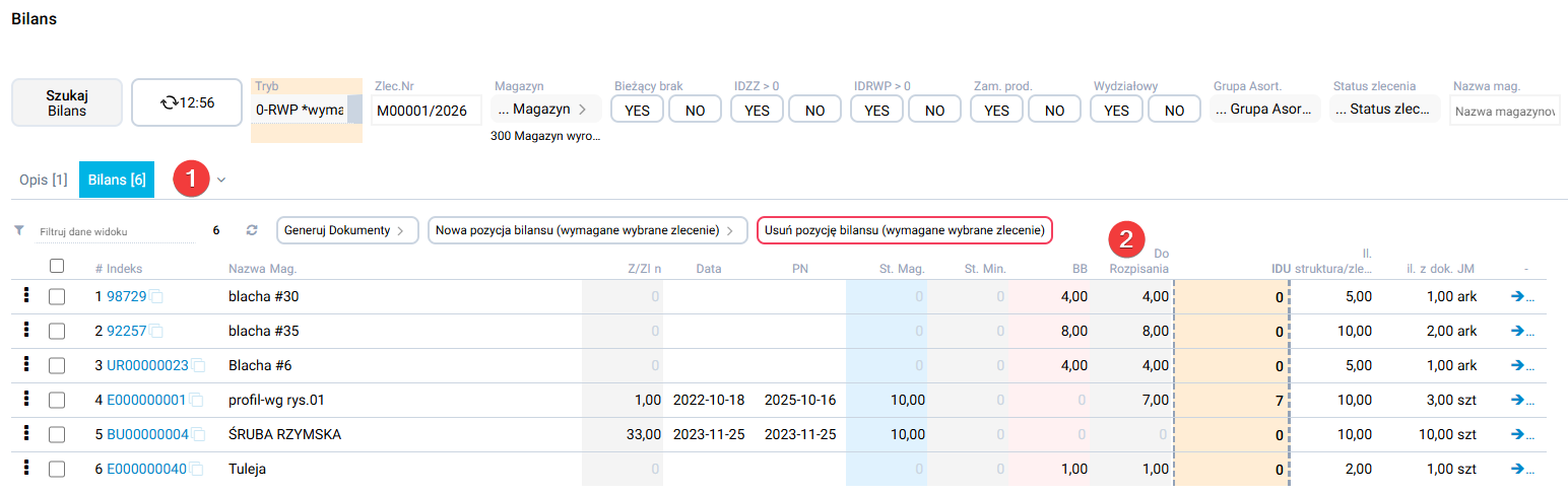 platformaERP - Bilans zlecenia, Pozycje do rozpisania
