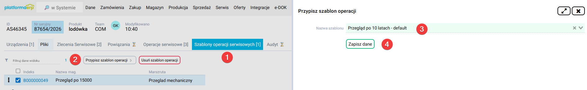 platformaERP - Serwis, dodanie szablonu operacji serwisowych z poziomu urządzenia