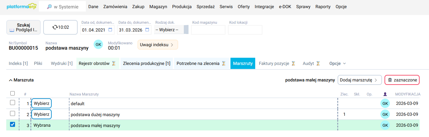 platformaERP -  Dodanie marszruty