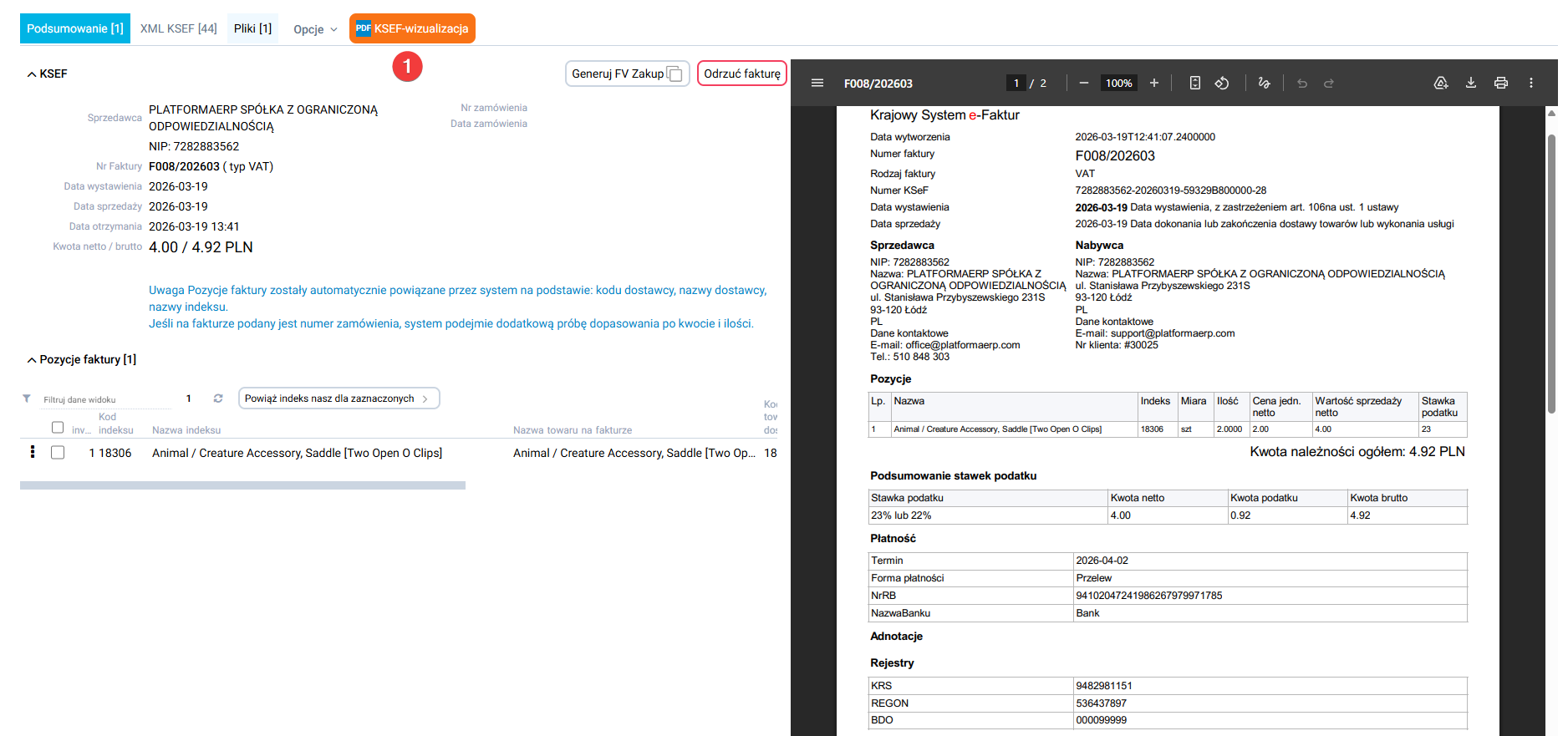 platformaERP - KSeF - wizualizacja faktury