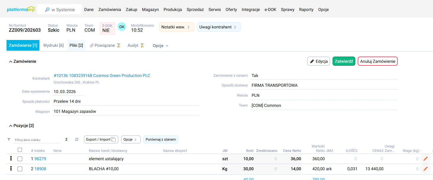 platformaERP - zamówienie zakupu