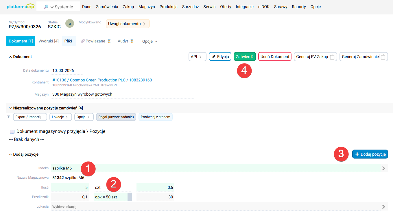 platformaERP - Dokument PZ, dodawanie pozycji z przelicznikiem