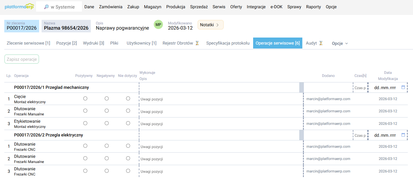 platformaERP - Serwis, operacje serwisowe do wykonania