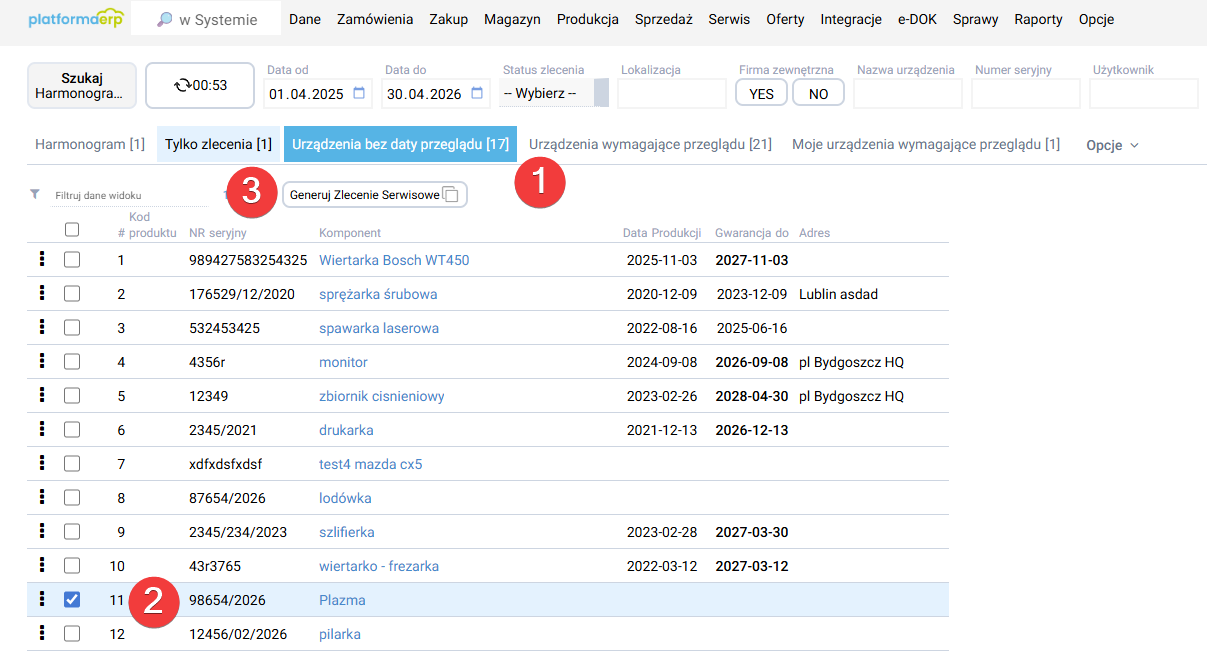 platformaERP - Nowe zlecenie serwisowe z szablonem operacji serwisowych