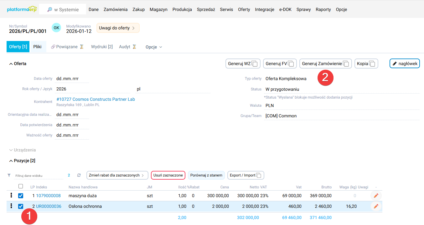 platformaERP - wystawienie zamówienia z oferty