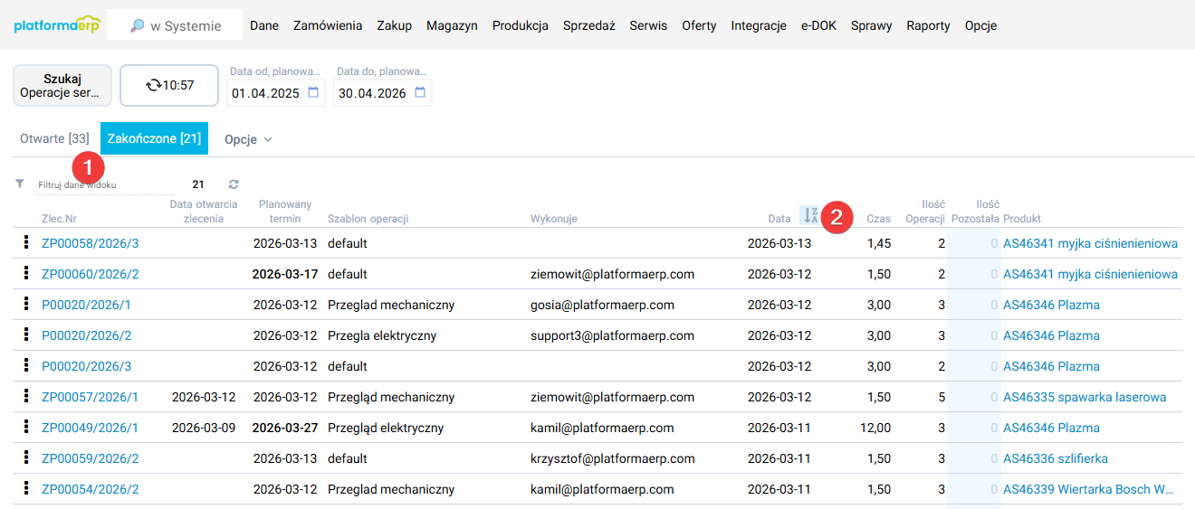 platformaERP - Serwis, operacje serwisowe wg. zleceń