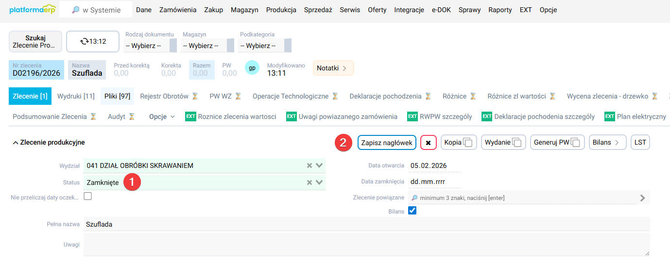 platformaERP - zamknięcie zlecenia produkcyjnego