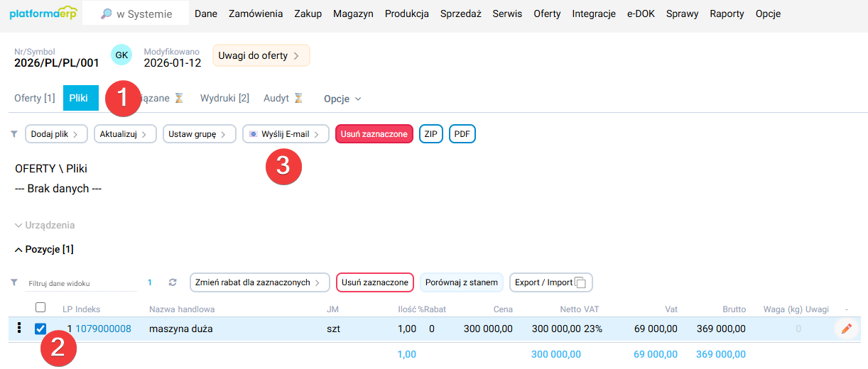 platformaERP - Oferta, wysłanie z systemu