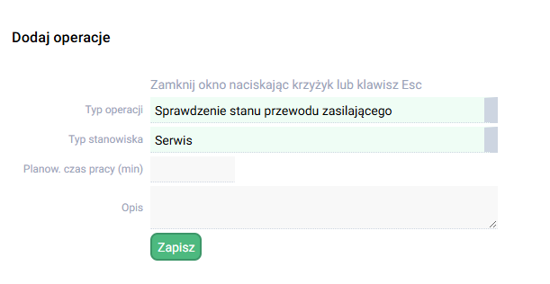 platformaERP - Serwis, wybór operacji serwisowych