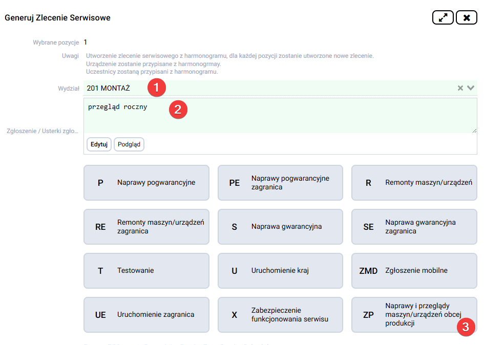 platformaERP - Serwis, zlecenie serwisowe z szablonem operacji serwisowych