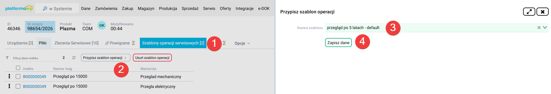 platformaERP - Serwis, szablon operacji serwisowych