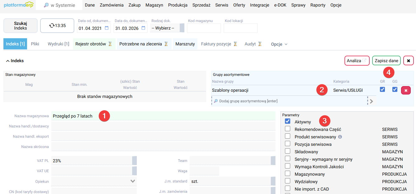 platformaERP - Serwis, definiowanie szablonów operacji serwisowych
