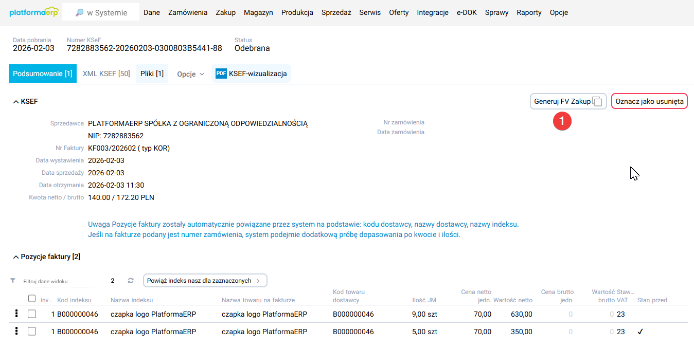 platformaERP - KSeF - powiązanie faktury zakupowej