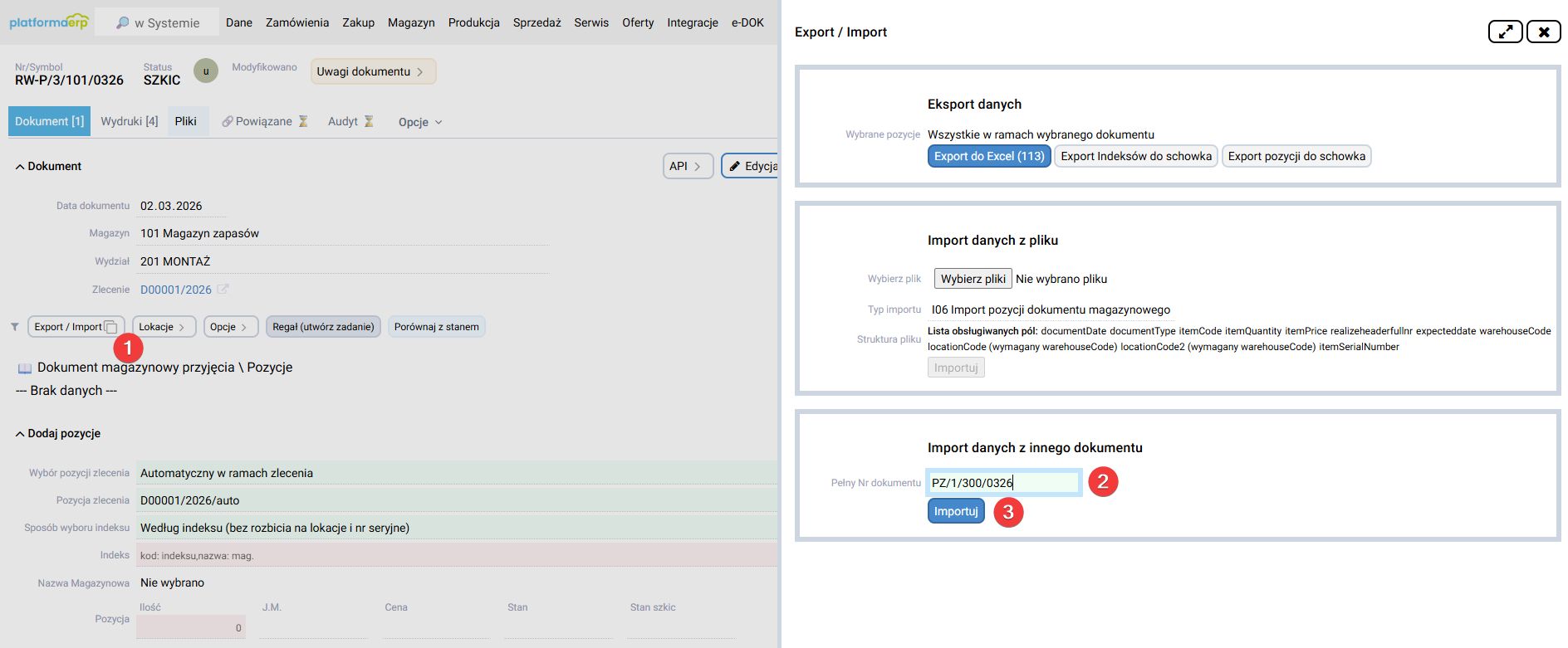 platformaERP - RW-P, import pozycji z dokumentu PZ