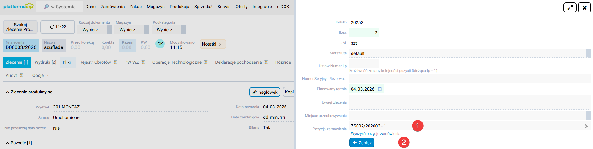 platformaERP - Powiązanie zlecenia produkcyjnego z zamówieniem