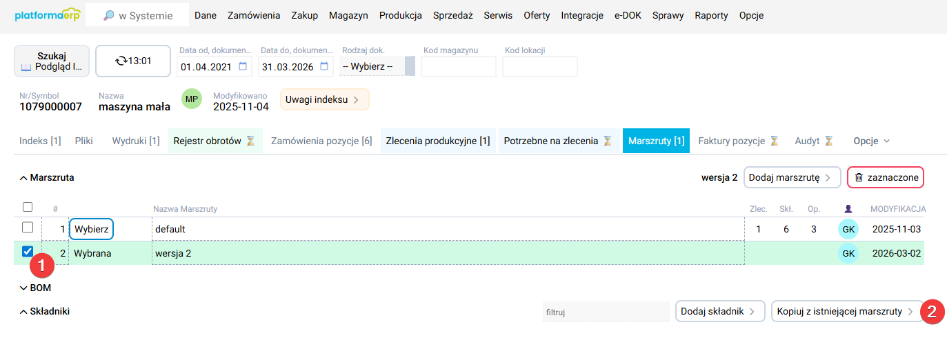 platformaERP - duplikowanie marszruty