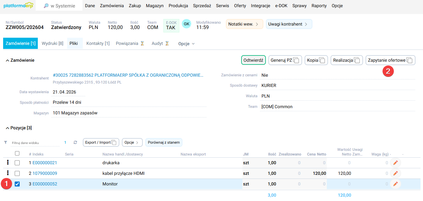platformaERP - Zapytanie ofertowe, pozycje