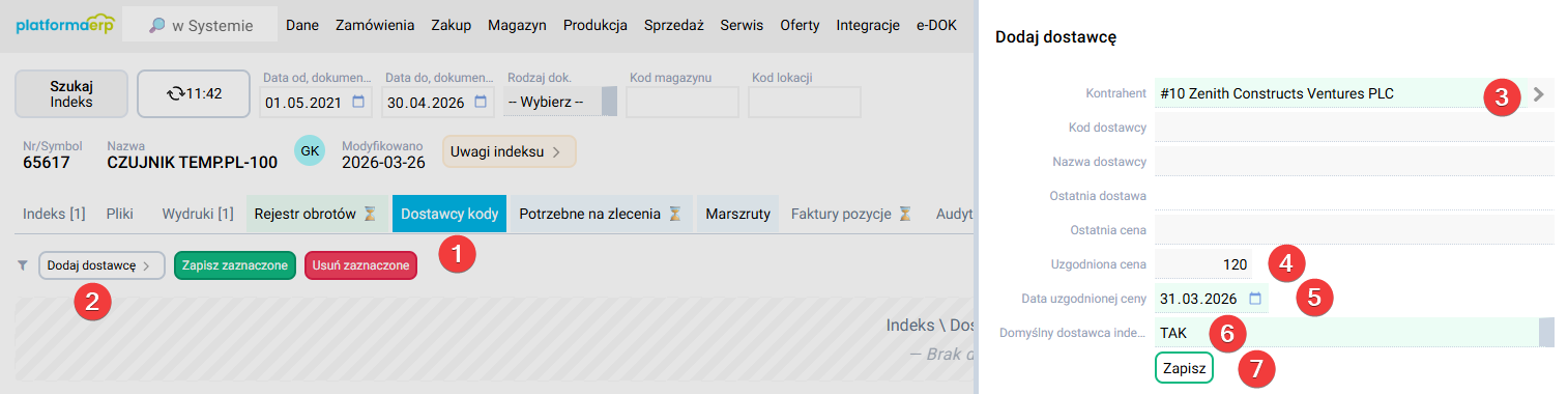 platformaERP - Indeksy, domyślny dostawca, uzgodniona cena