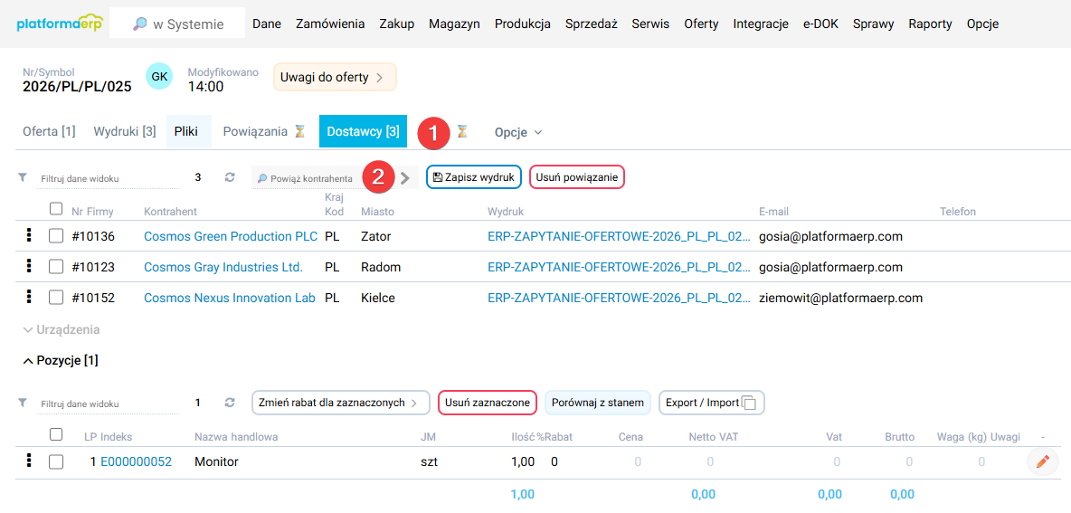 platformaERP - Zapytanie ofertowe, dostawcy