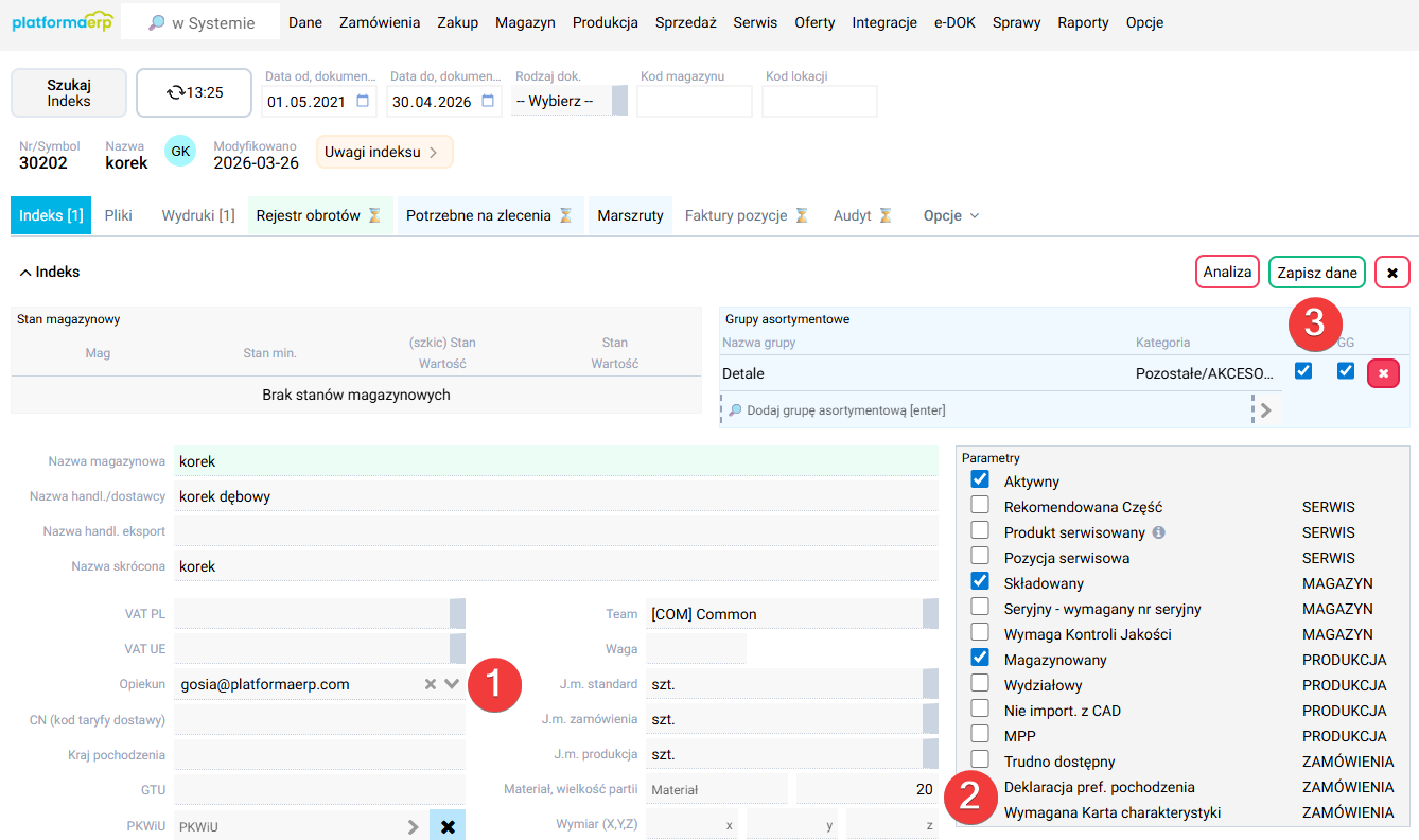 platformaERP - Indeksy, opiekun, wielkość partii