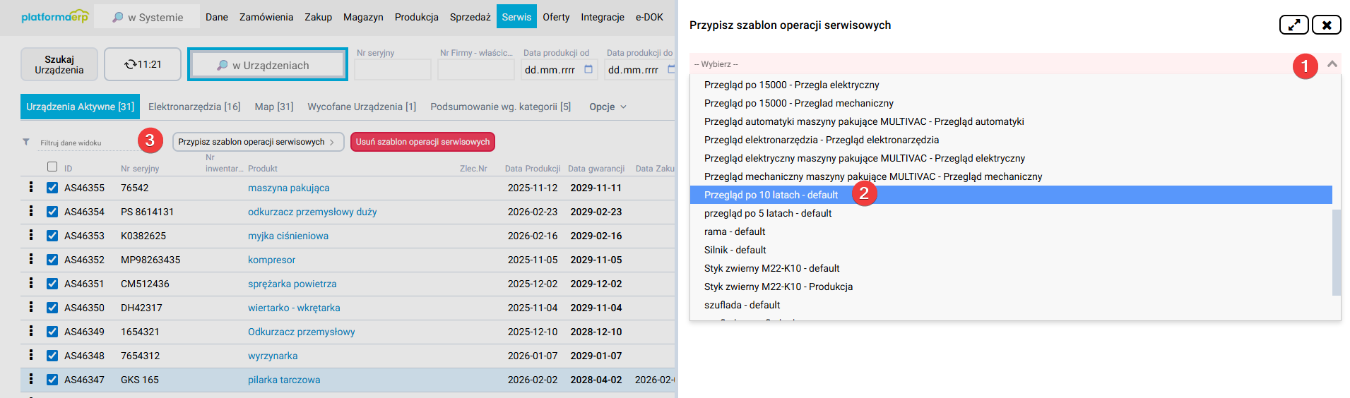 platformaERP - Serwis, przypisanie szablonu operacji serwisowych