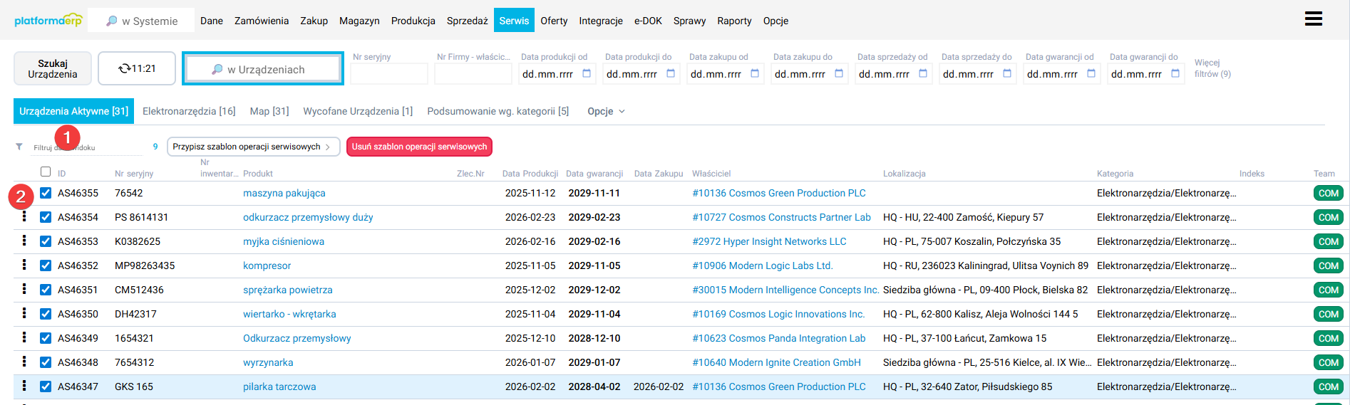 platformaERP - Serwis, dodanie szablonu operacji serwisowych