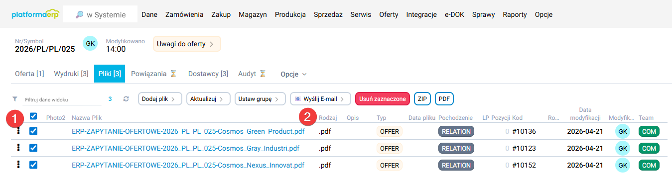platformaERP - Zapytanie ofertowe, zbiorowa wysyłka