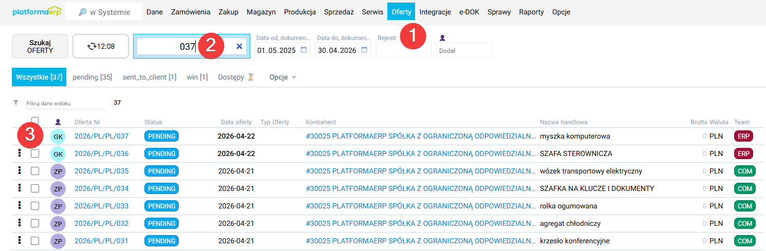 platformaERP - Zapytanie ofertowe, lista 