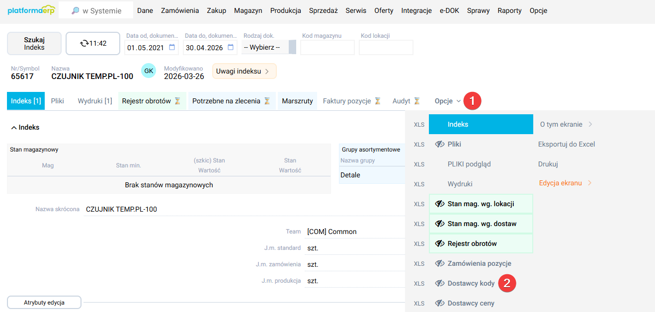platformaERP - Indeksy, dostawcy kody