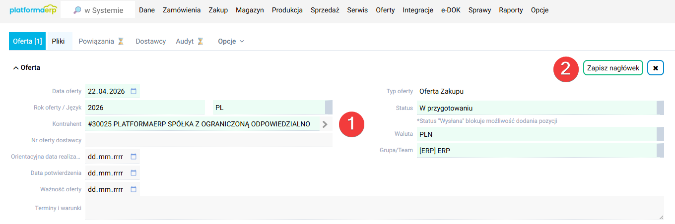 platformaERP - Zapytanie ofertowe z poziomu Oferty