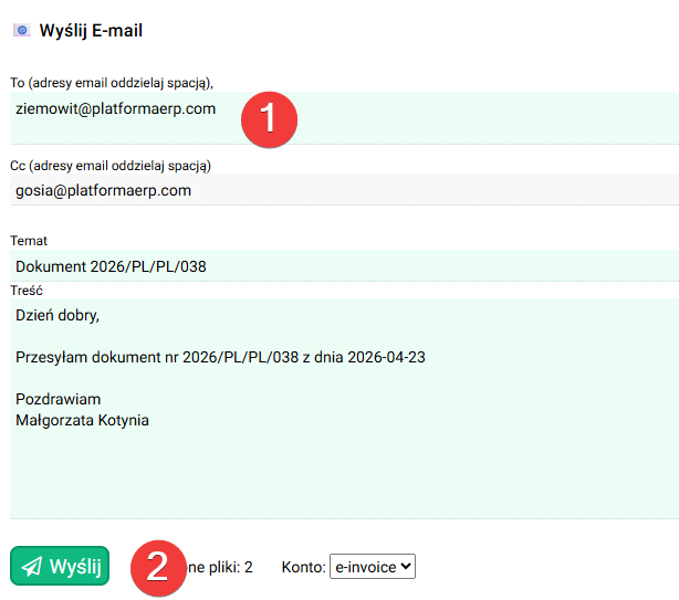platformaERP - Zapytanie ofertowe, wysyłka do dostawcy