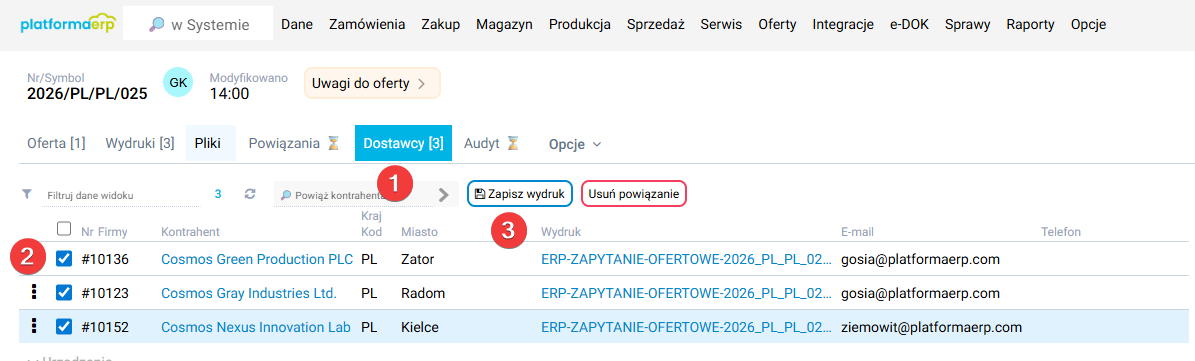 platformaERP - Zapytanie ofertowe, wydruk