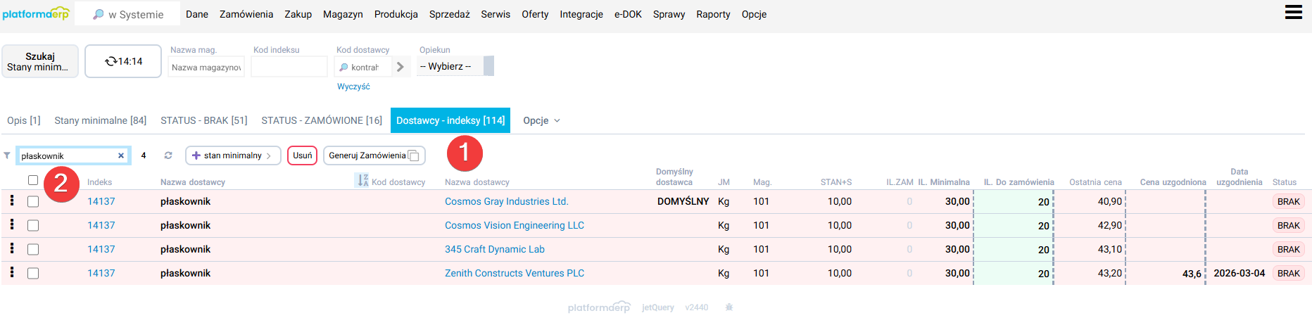 platformaERP - Stany minimalne, porównanie cen dostawców