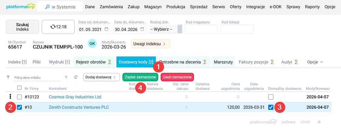 platformaERP - Indeksy, oznaczenie domyślnego dostawcy
