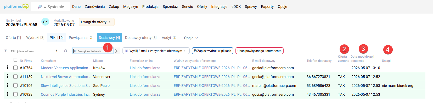platformaERP - dostawcy oferty, status