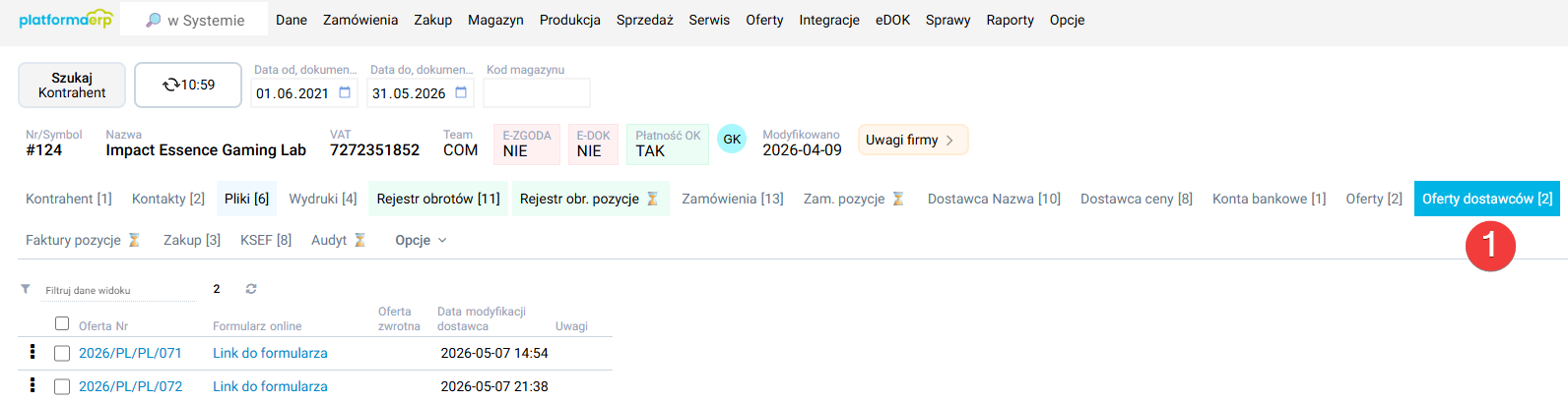 platformaERP - Oferty dostawców z poziomu Kontrahenta