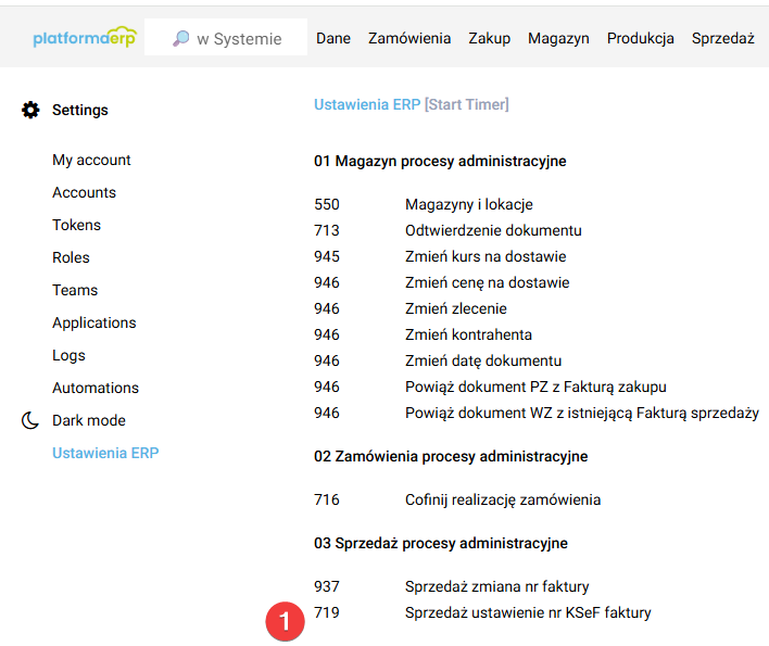 platformaERP - sekcja ustawienie nr faktury KSeF