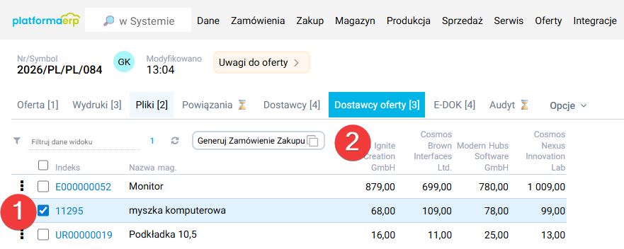 platformaERP - Zamówienie zakupu z oferty dostawcy