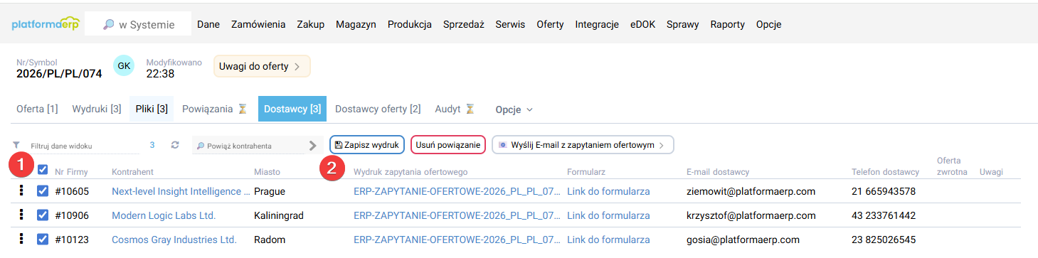 platformaERP - Zapytanie ofertowe, wydruk